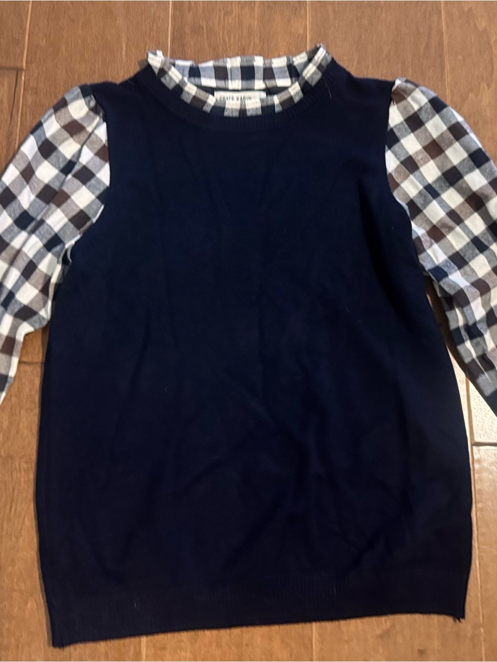 Grace Karin Navy Knit Top with Blue and White Plaid Sleeves
